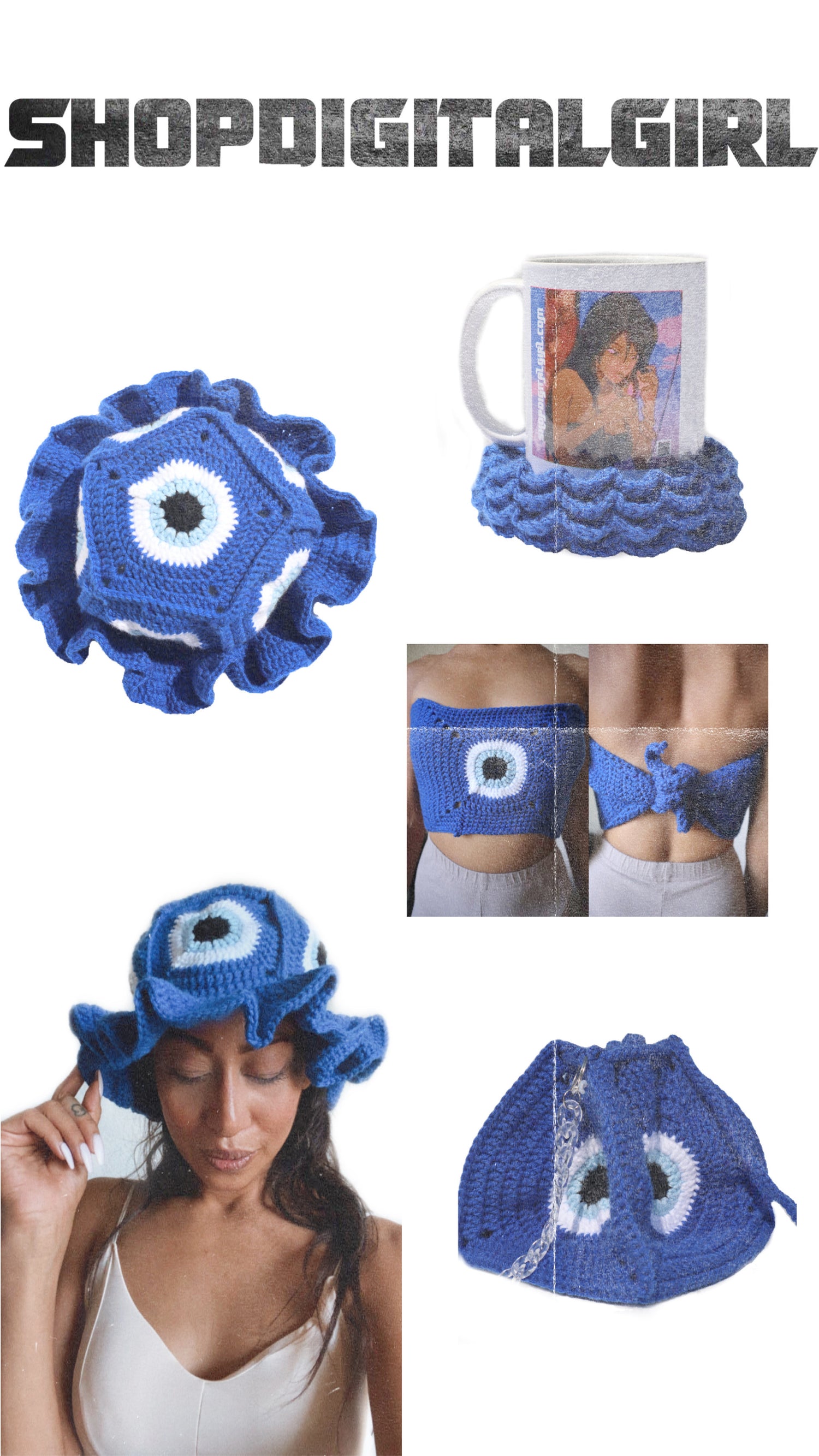 evil eye crochet fashion - bucket hat, tote bag, top, tea coaster set