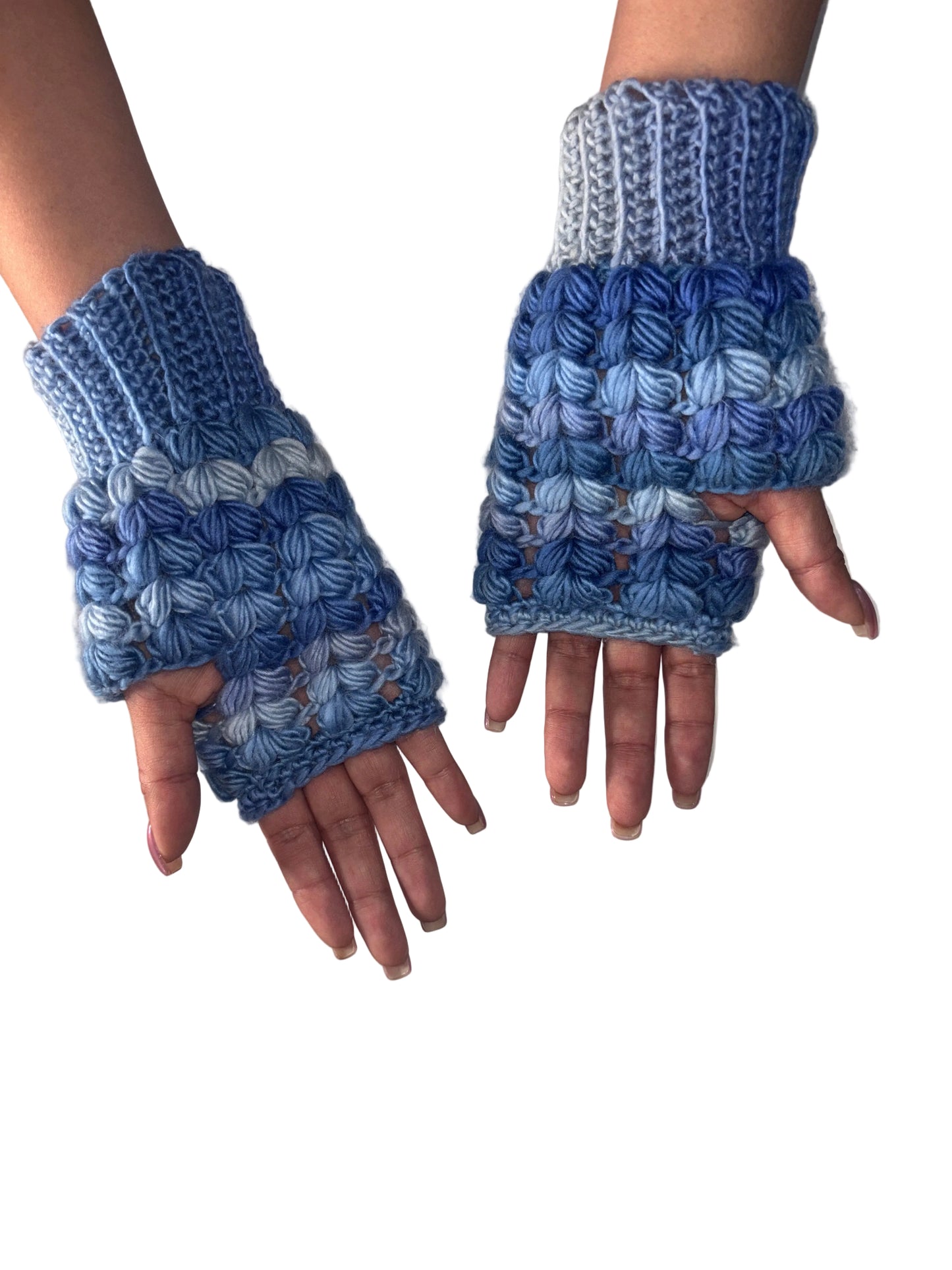 Crochet Fingerless Gloves - open mittens in shades of blue