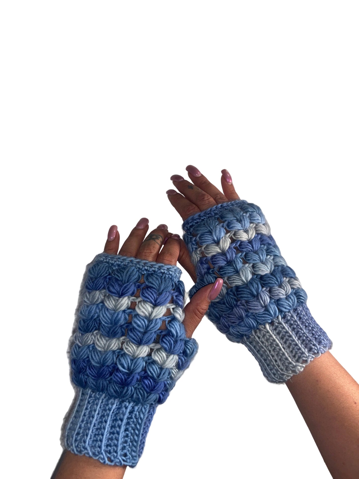 Crochet Fingerless Gloves - open mittens in shades of blue