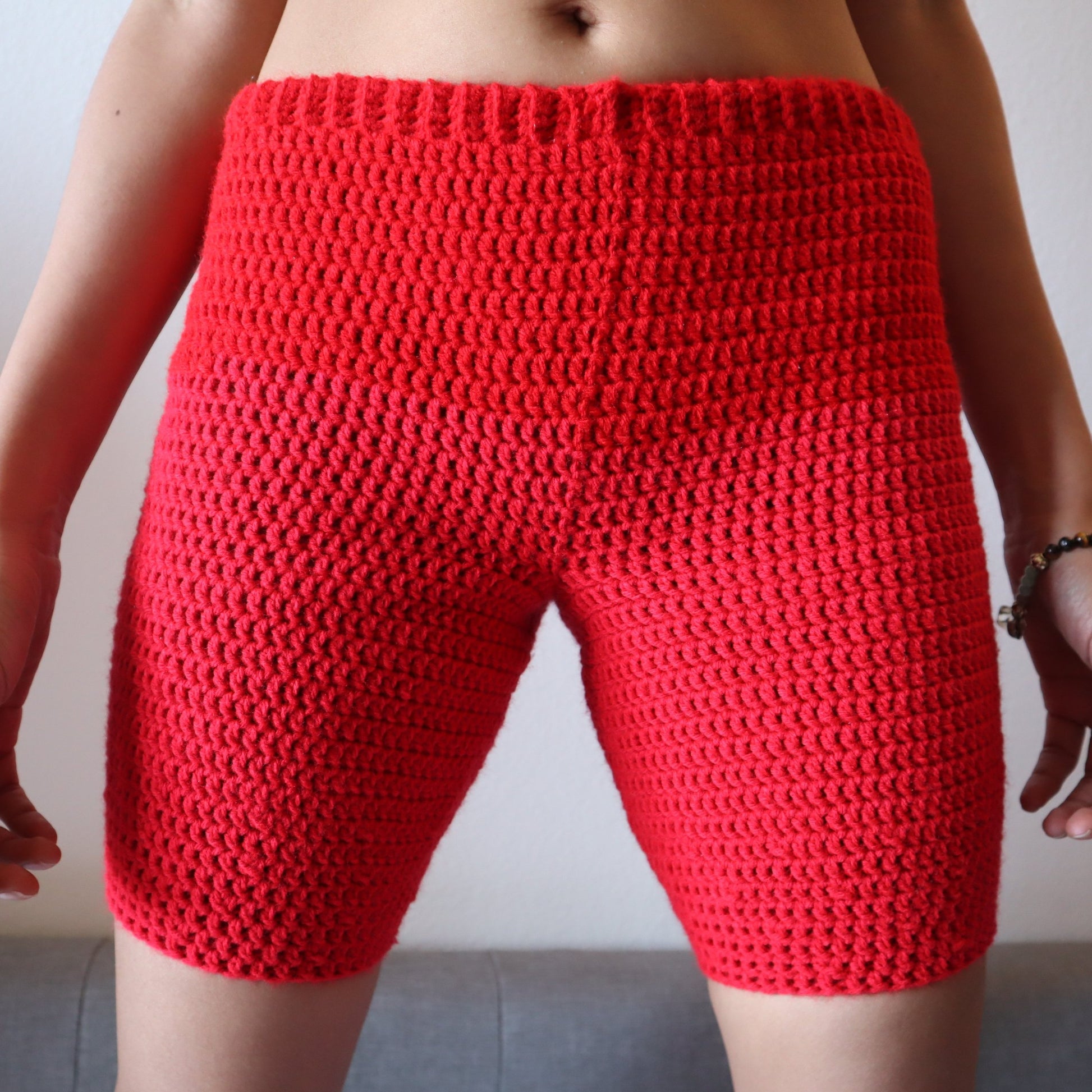 shopdigitalgirl crochet clothing brand - red crochet biker shorts