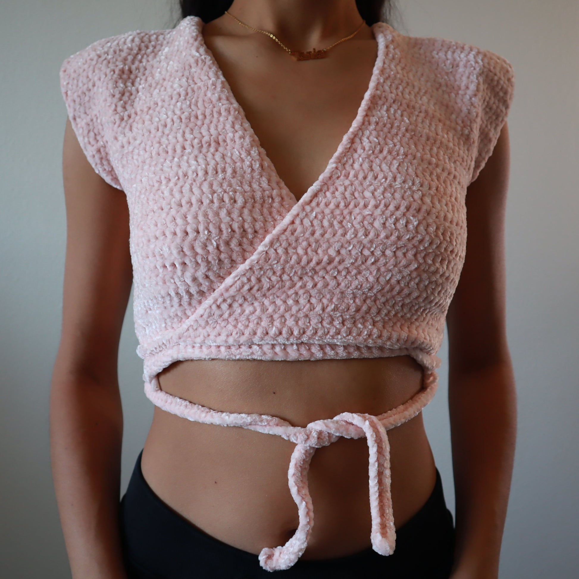 shopdigitalgirl crochet brand - light baby dusky pink chenille fabric sleeveless crochet top