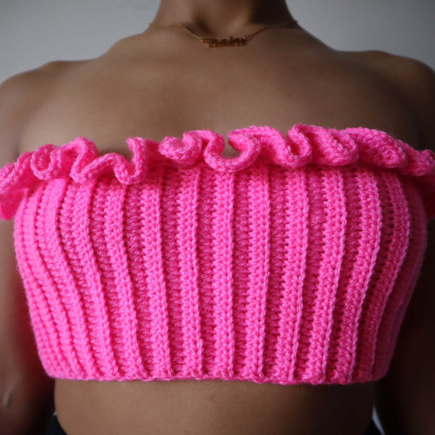 Handmade hand crocheted in Los Angeles, CA, Hot Girl Summer Hot Pink Reversible Crop Top Ruffles Top Crocheted Top Knit Top Corset 