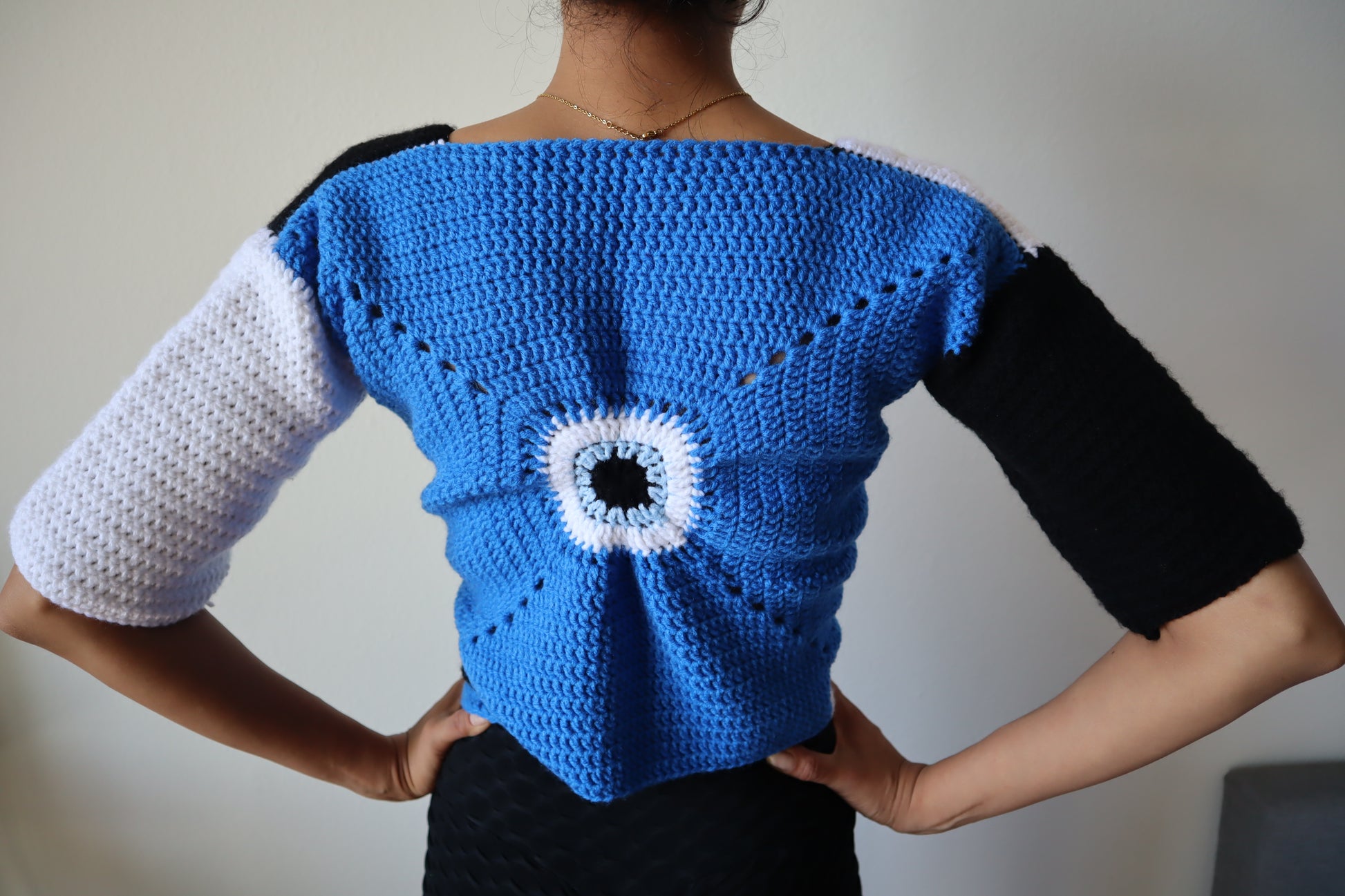 Nazar design crochet sweater handmade hand crocheted in Los Angeles, CA