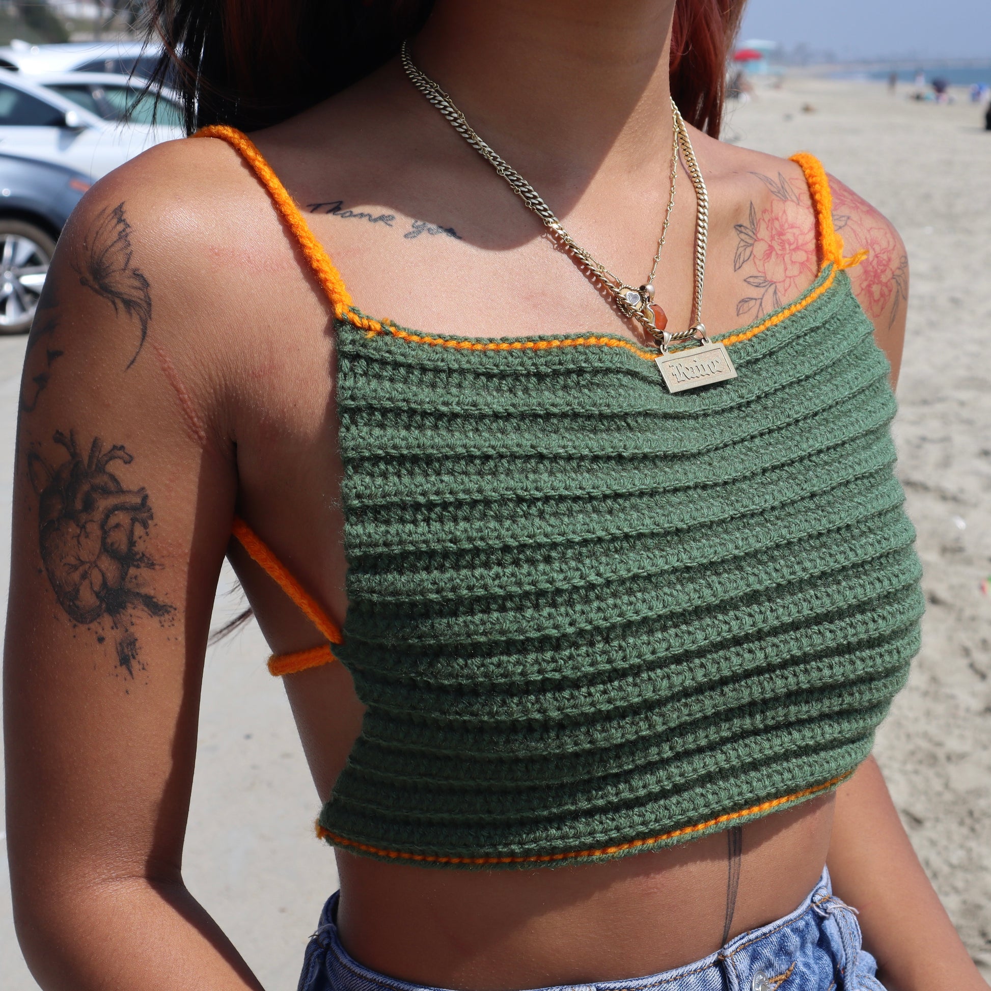 Army Green with Orange lining crochet open back crop top