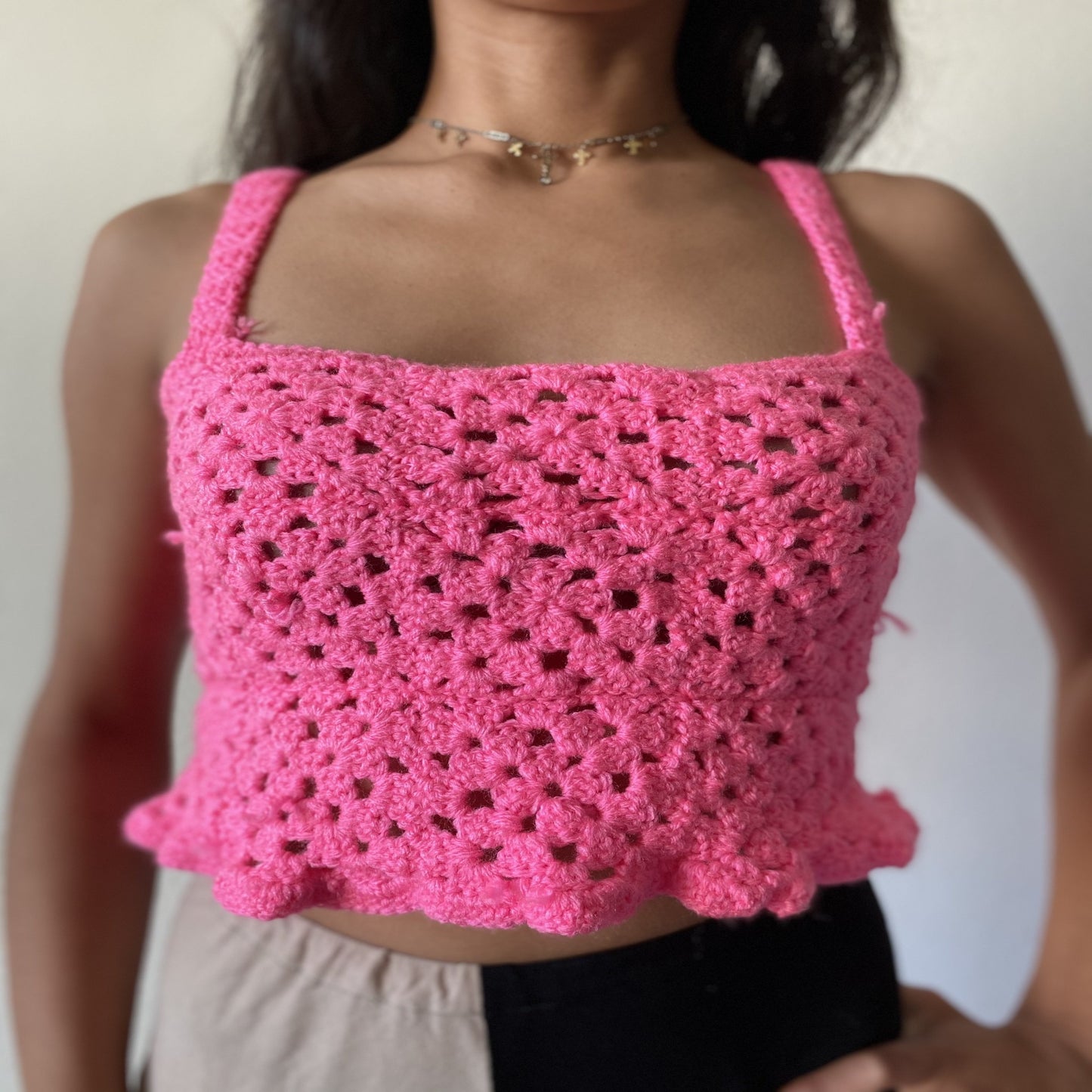 shopdigitalgirl crochet brand - pink square neck crochet crop top with ruffle hem