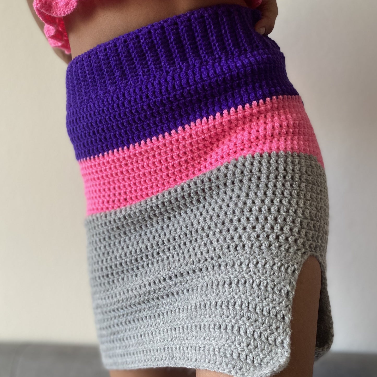 shopdigitalgirl crochet brand - crochet skirts in pink purple grey bands sizee small