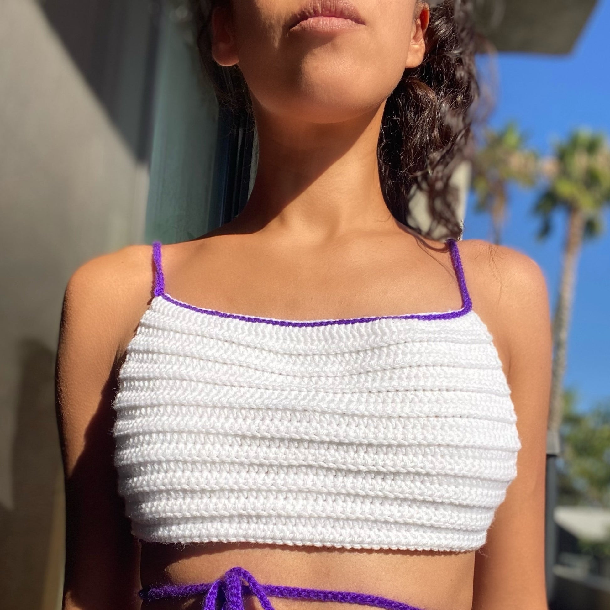 white ribbed knit crochet crop top open back purple straps